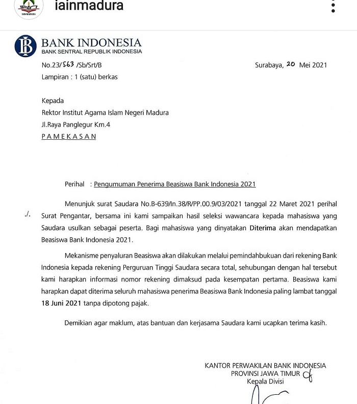 Fakultas Syariah IAIN Madura Mengucapkan Selamat kepada 6 orang Mahasiswa Prodi Hukum Ekonomi Syariah Penerima Beasiswa dari Bank Indonesia Tahun 2021